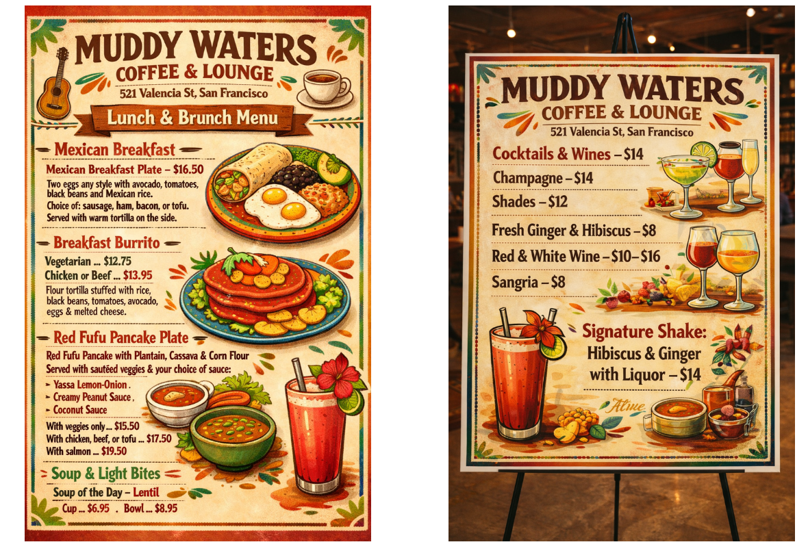 Lunch & brunch and cocktails menu board